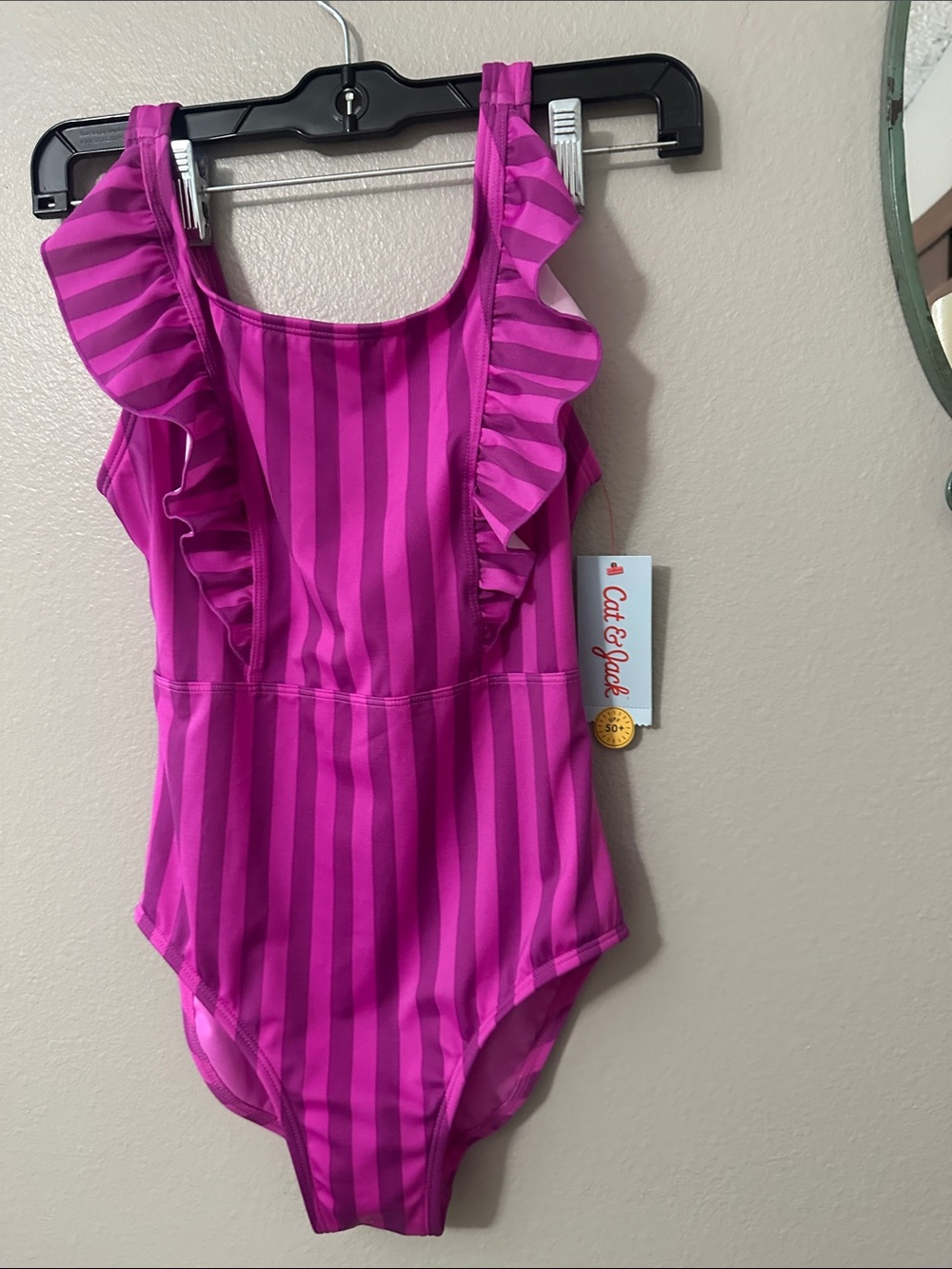 Cat & Jack Pink Striped Ruffle One-Piece Swimsuit Sz L (10/12) NWT